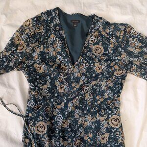Ann Taylor Floral Wrap Dress Womens 12 Teal Blue Midi Romantic Feminine